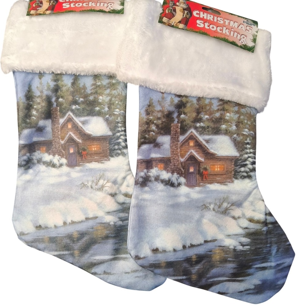 NWT Log Cabin In‎ Winter Christmas Stockings featuring art by Corbert Gauthier